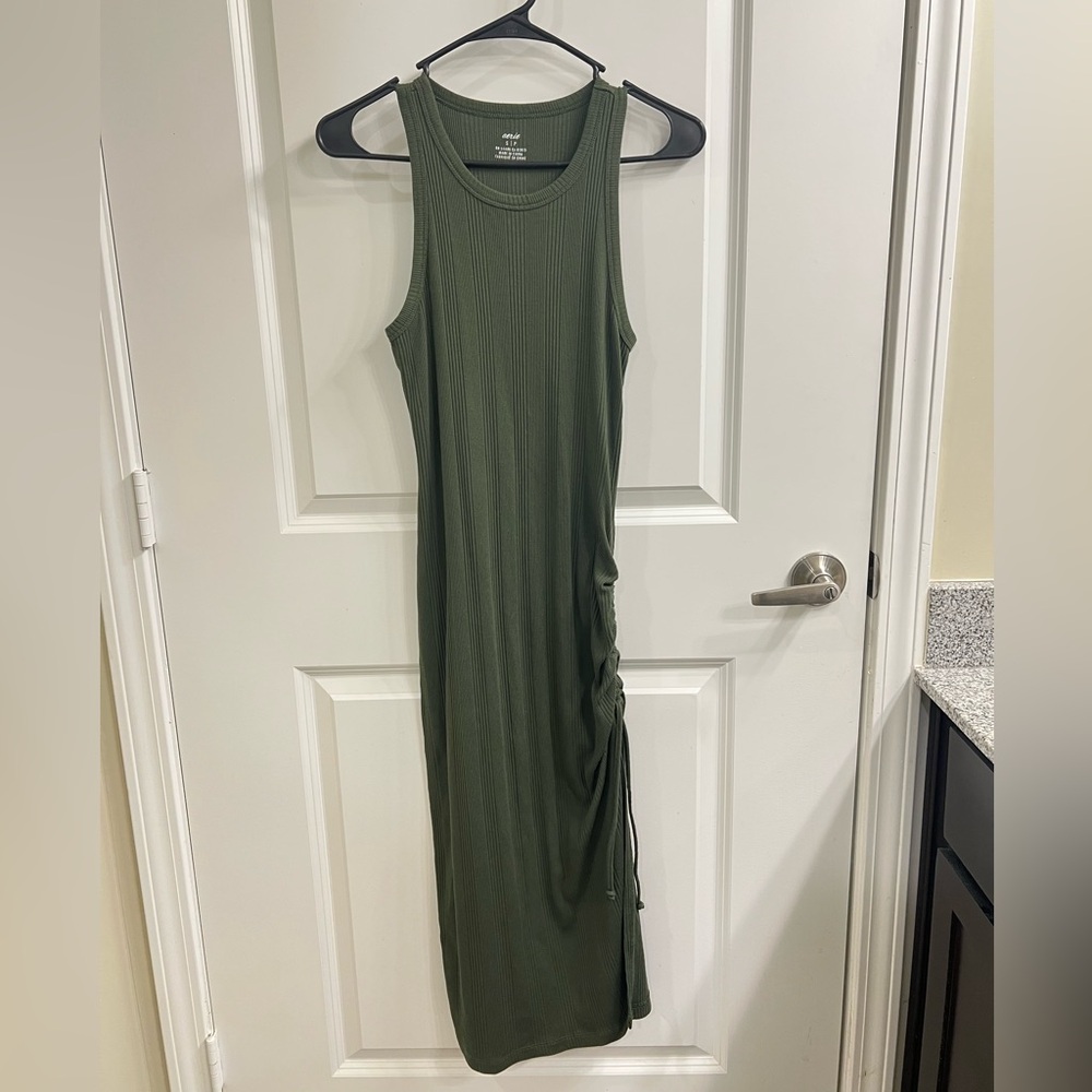 Aerie Ruched Rib Green Midi Dress | Size Small